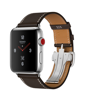 Apple Watch Hermes 42mm Series 3 GPS + Cellular Stainless Steel Case with Ebene Barenia Leather Single Tour Deployment Buckle (MQLT2)