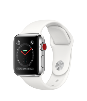 Apple Watch 38mm Series 3 GPS + Cellular Stainless Steel Case with Soft White Sport Band (MQJV2)