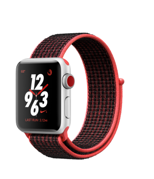 Apple Watch Nike+ 38mm Series 3 GPS + Cellular Silver Aluminum Case with Bright Crimson/Black Nike Sport Loop (MQM92)