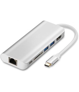 WIWU Adapter H1 Plus USB-C to USB-C/RJ45/HDMI/SD/3xUSB3.0 HUB Silver (6957815504596)