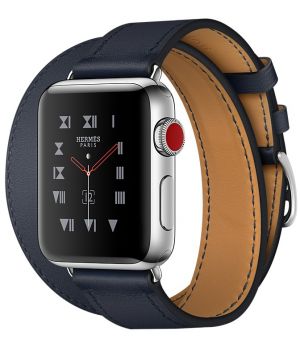 Apple Watch Hermes 38mm Series 3 GPS + Cellular Stainless Steel Case with Indigo Swift Leather Double Tour (MQLK2)